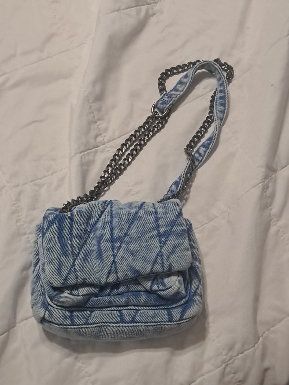 Quilted Light Blue Denim Shoulder Bag with Chain Strap